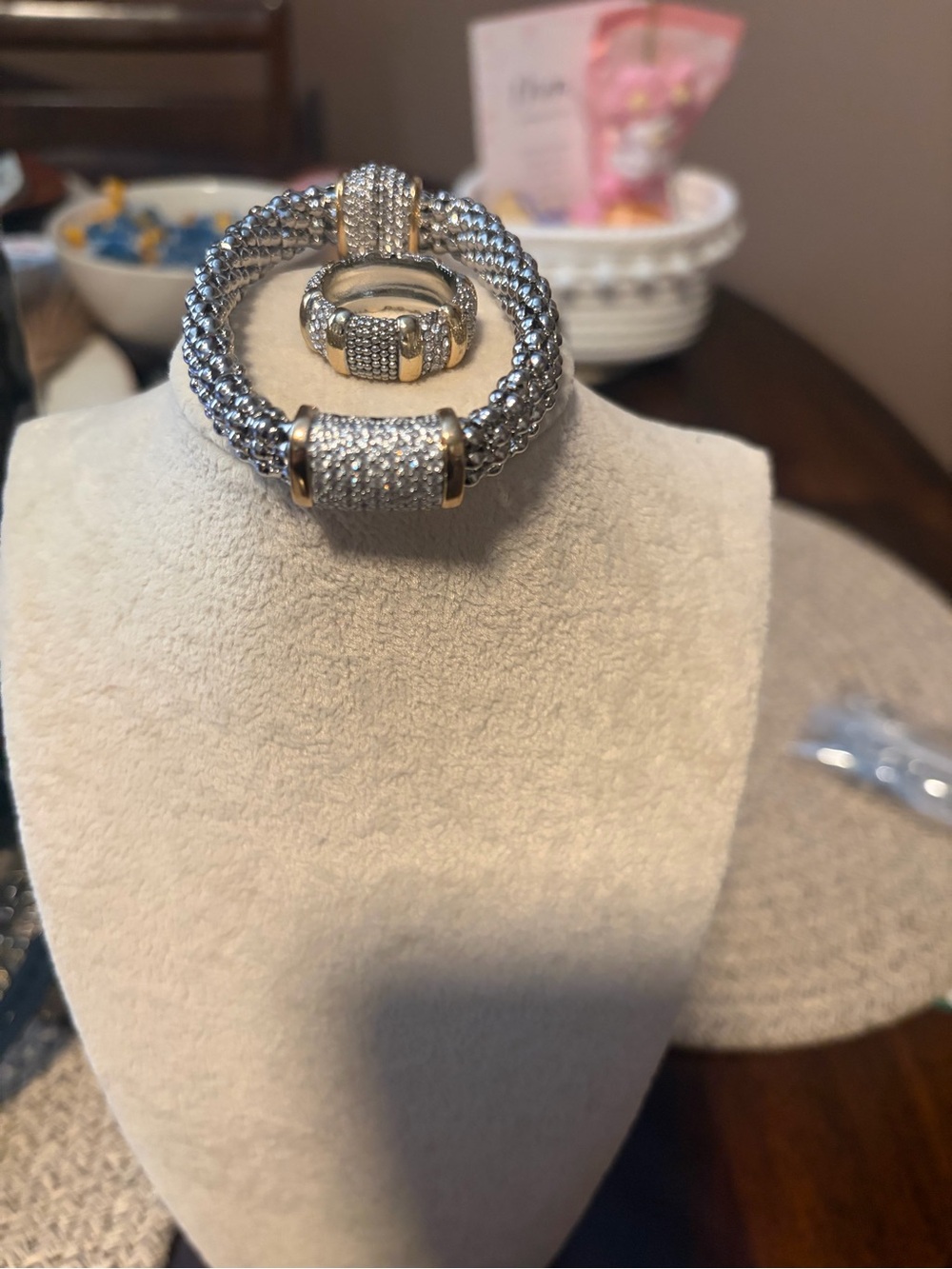 Silver and Gold Crystal Accent Bracelet and Ring Size 7.5 Set Women's Jewelry